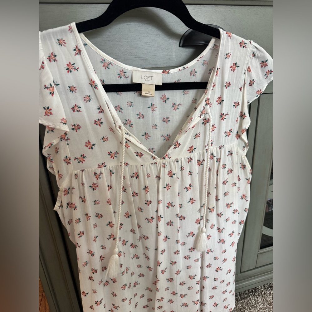 LOFT Cream Floral Blouse with Tassels - Picture 3 of 4